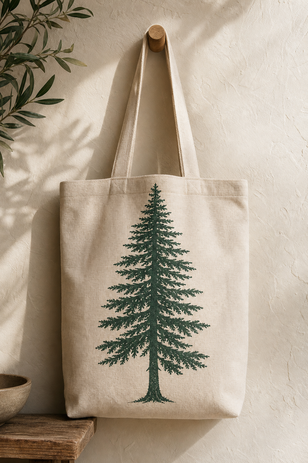 Natural canvas tote bag with a deep green cedar print
