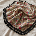 Kurdish Golvani scarf with dense florals on cream cotton and hand-tied black tassels
