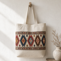 Natural canvas tote with a Jaff tribal kilim band of latch-hook diamonds in madder red and indigo