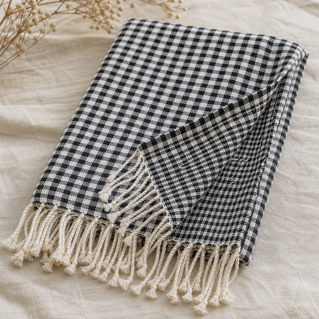 Folded Kurdish jamana scarf in fine black-and-white check with hand-knotted tassels