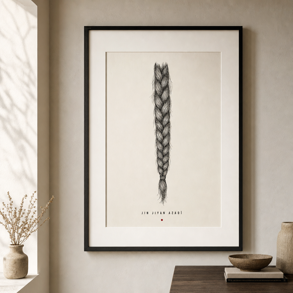 Framed museum print of a woven braid with the words Jin Jiyan Azadî