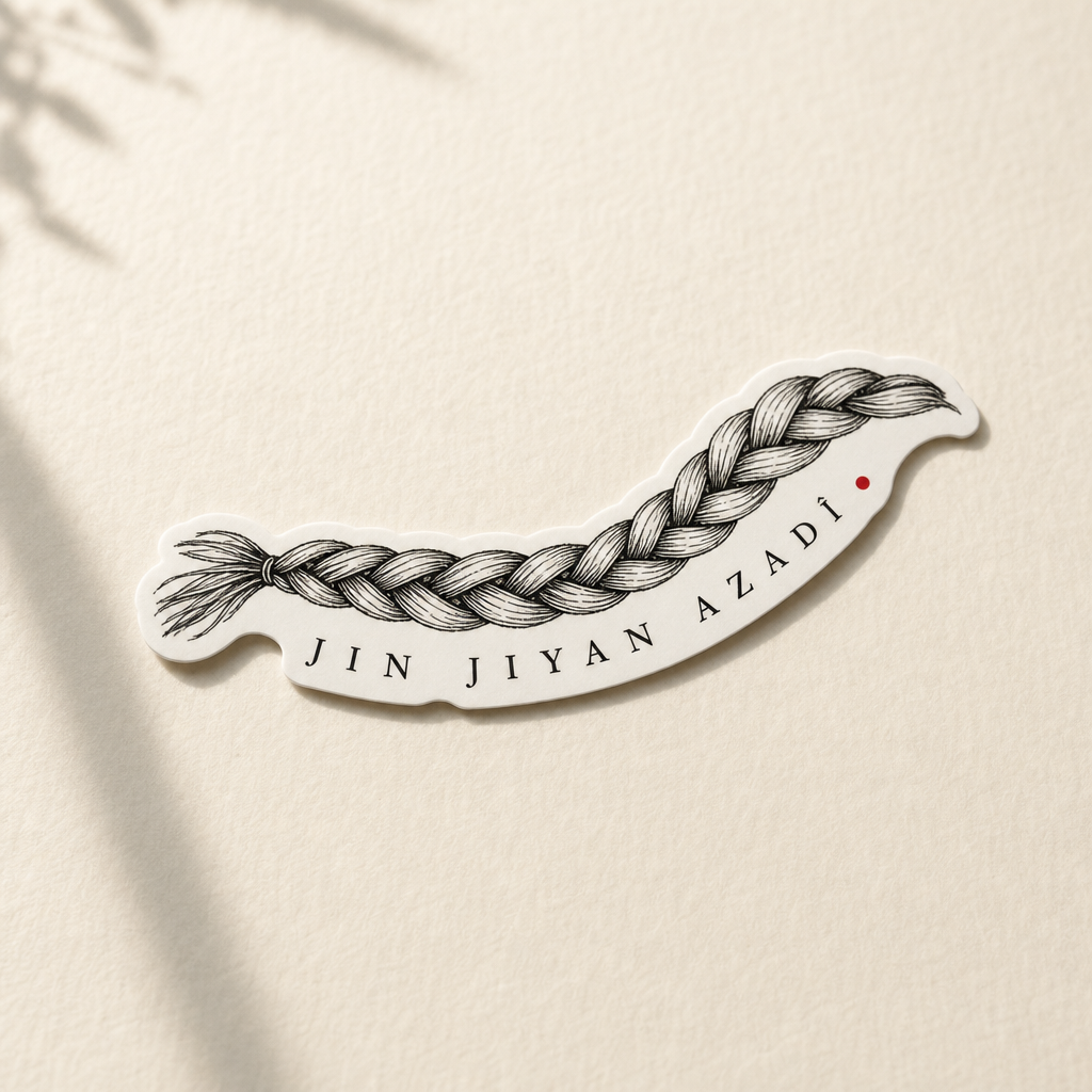Die-cut vinyl sticker of a woven braid with the words Jin Jiyan Azadî