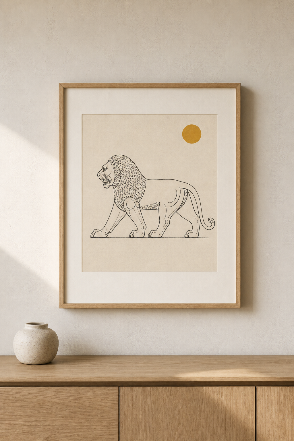 Framed line-art print of the striding Median lion