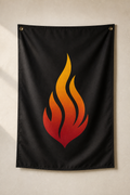 Charcoal wall flag with the Newroz fire emblem in crimson and saffron