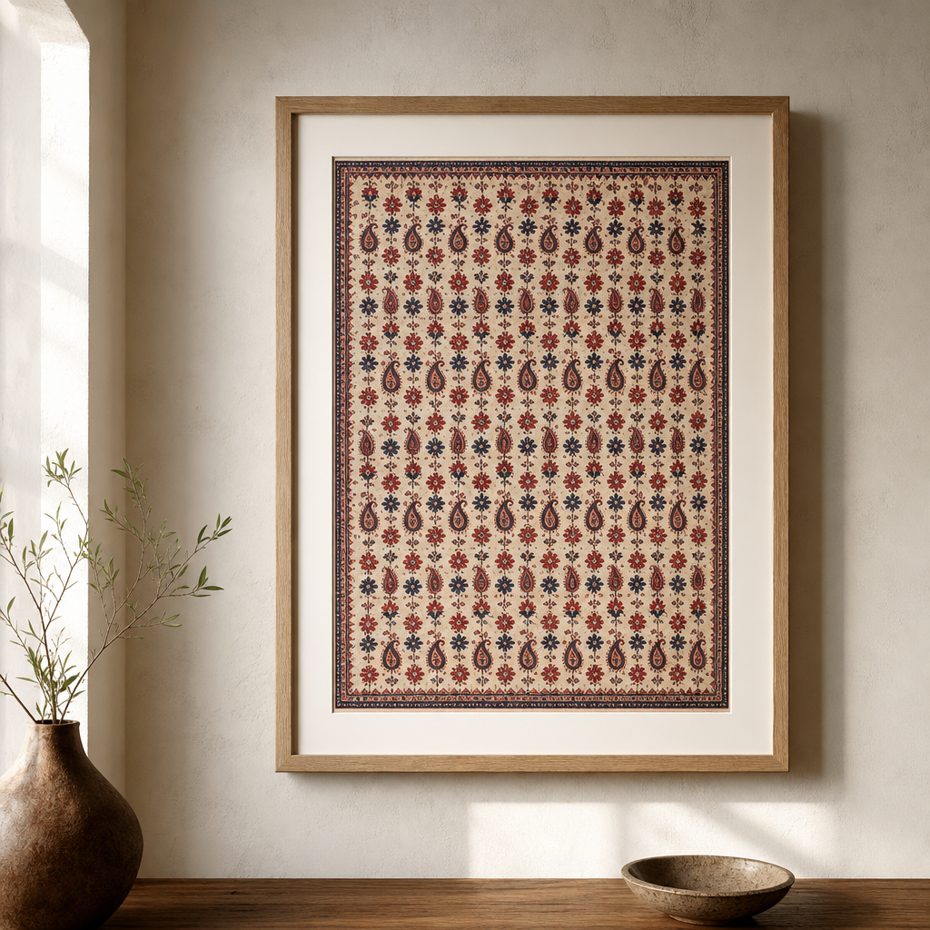 Framed archival print of a densely ornamented Senneh Kurdish gelim field