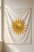 Cream wall flag with a golden Zagros Sun emblem, hung from brass grommets