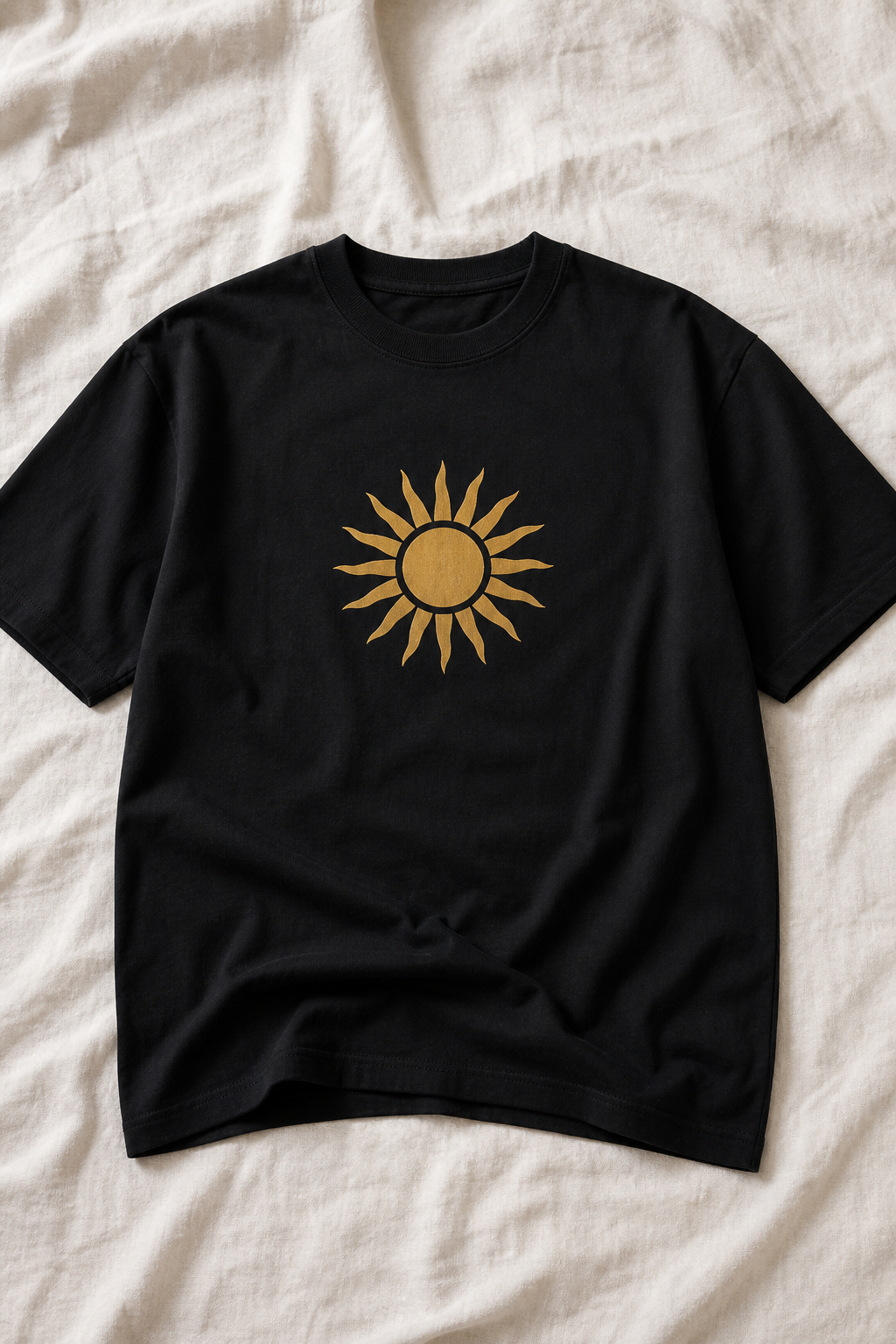 Heavyweight black t-shirt with a golden Zagros Sun chest print